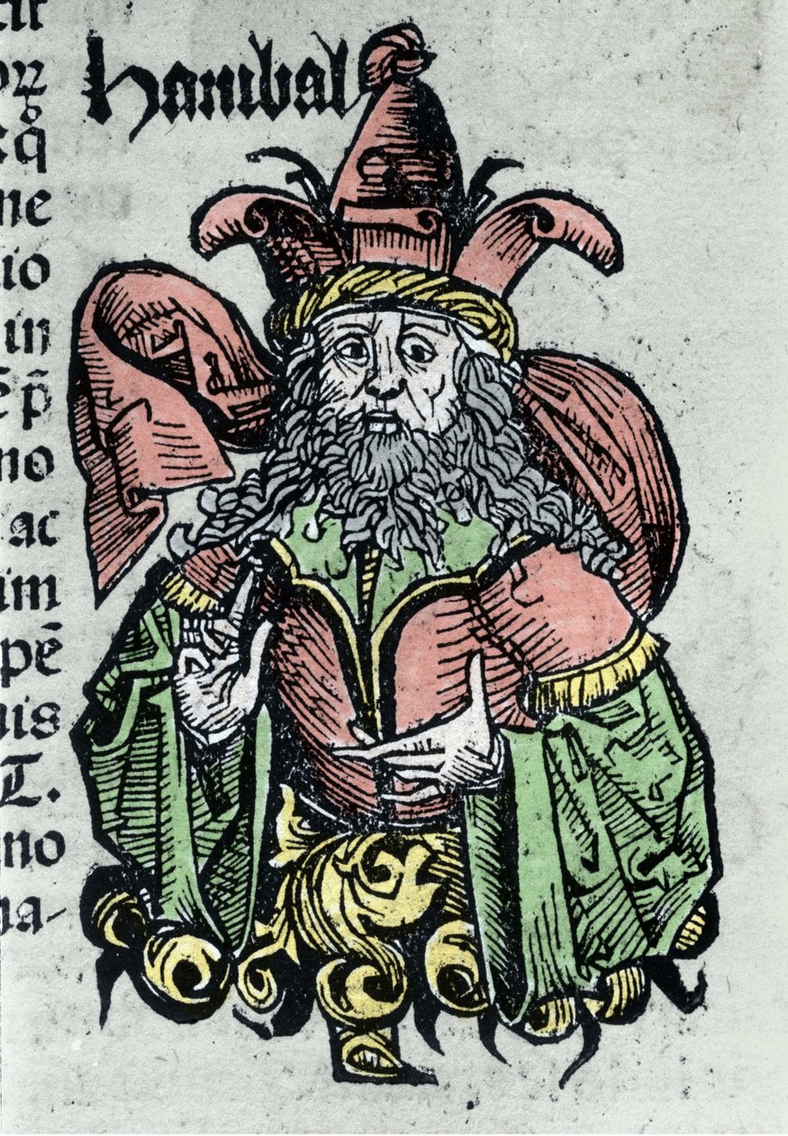 Retrato de Hannibal ou Annibal Barca (247 a.C. - 183 a.C.), general cartaginês e estadista. Xilografia de "Crónicas de Nuremberga" de Hartmann Schedel de Hartmann Schedel