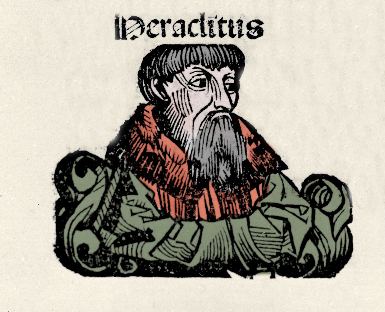 Retrato do filósofo grego Heraclito de Éfeso (576-480 AC) (Heraclito de Éfeso). Xilografia de "Crónicas de Nuremberga" de Hartmann Schedel de Hartmann Schedel