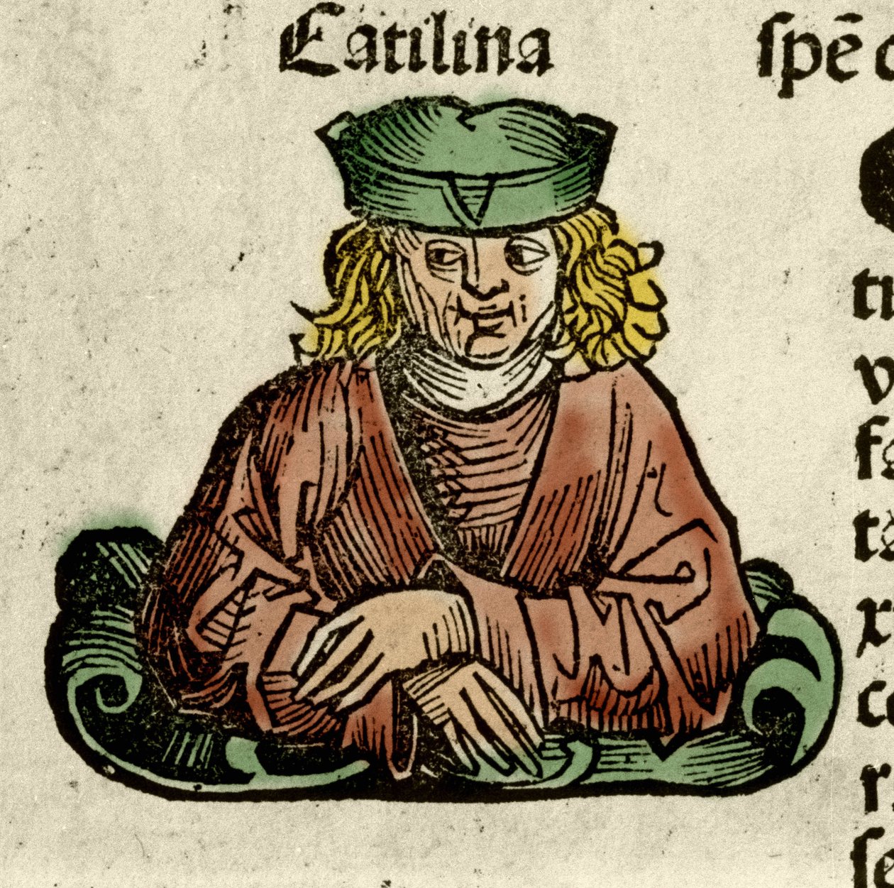 Representação de Catilina (Lucius Sergius Catilina) (108-62 AC), um político romano que conspirou contra o Senado. Gravura de "Liber chronicarum" de Hartmann Schedel de Hartmann Schedel