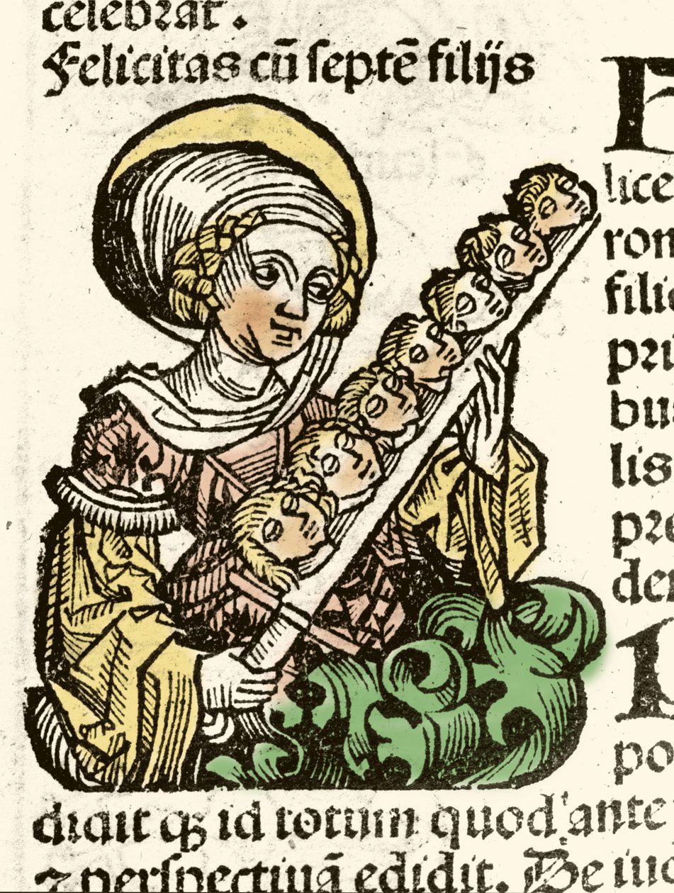 Representação de Santa Felicite, martírio em Roma com as cabeças de seus sete filhos. xilografia de Hartmann Schedel "Crônicas de Nuremberg" 1493. de Hartmann Schedel