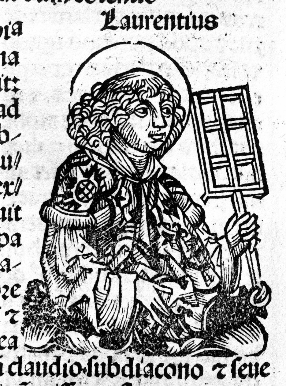São Lourenço segurando na mão a grelha, um instrumento do seu martírio. Gravura do "Liber Chronicarum de Hartmann Schedel". de Hartmann Schedel