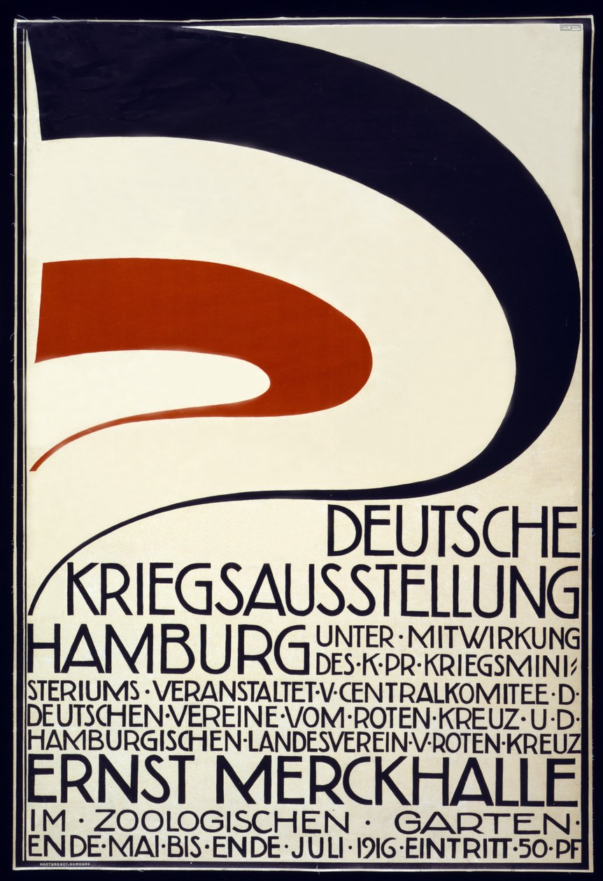 Cartaz publicitário de uma Exposição de Guerra patrocinada pela Cruz Vermelha Deutsche Kriegsausstellung, Hamburgo Maio - Julho de 1916, 1916 de Hartung and Co.