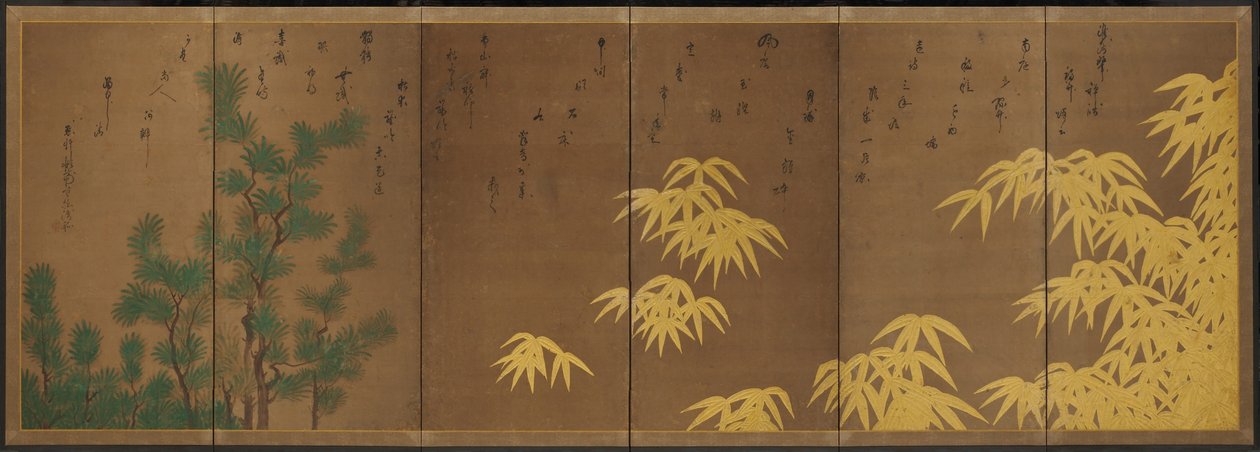 Bambu com teixo chinês, c.1605-10 (tela dobrável de seis painéis: tinta, cor e ouro sobre papel) de Hasagawa & Sodon Tetsuzan (1531 1617) (attr.) Tohaku