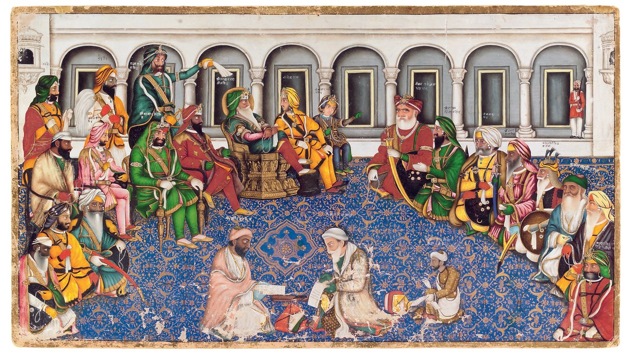 O Darbar de Maharaja Ranjit Singh, c.1850 (wc opaca e ouro sobre papel) de Hasan al Din