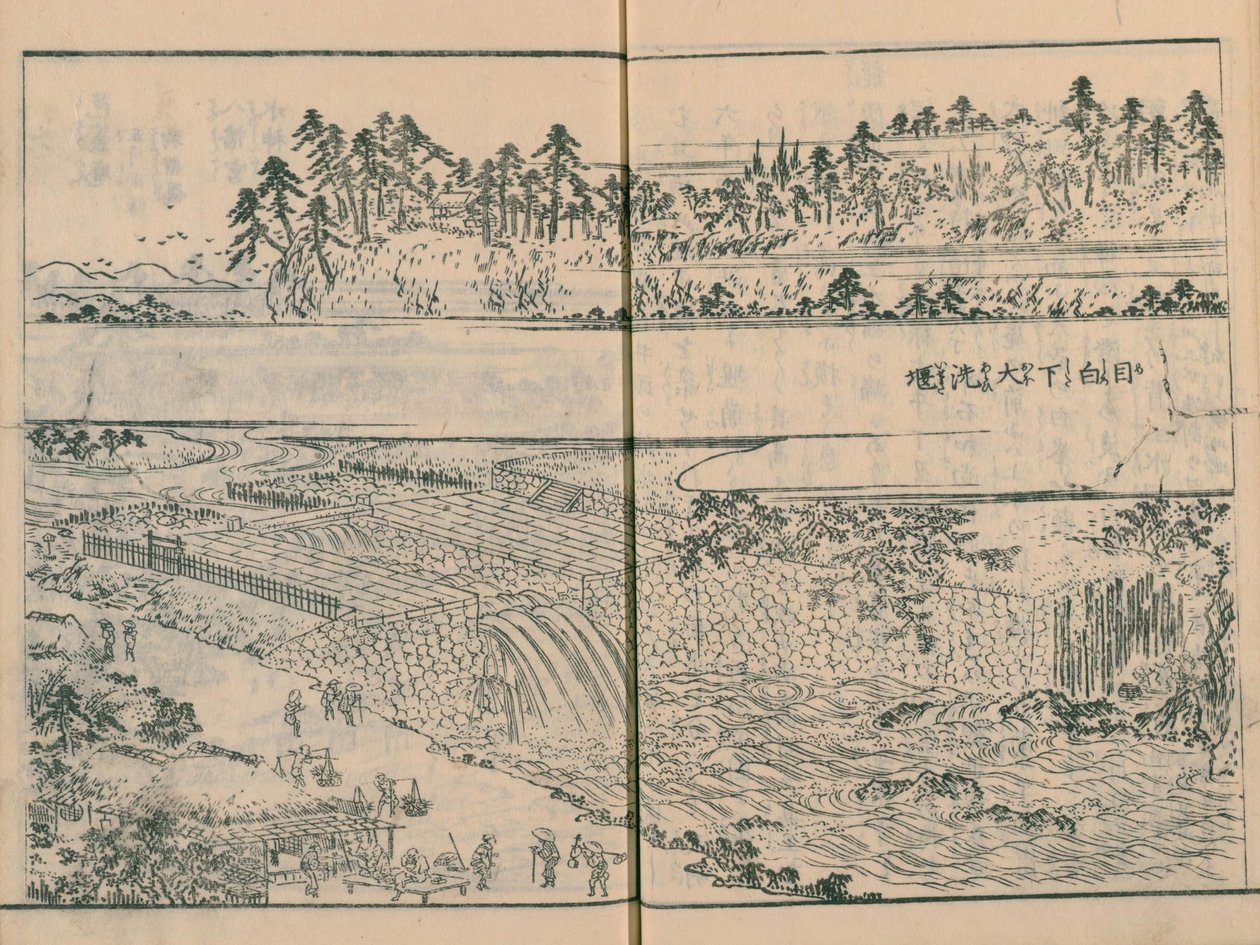 Barragem no rio Kanda em Mejiro-shita (Sekiguchi) em Edo Meisho Zue vol. 4 (livro 12) de Hasegawa Settan