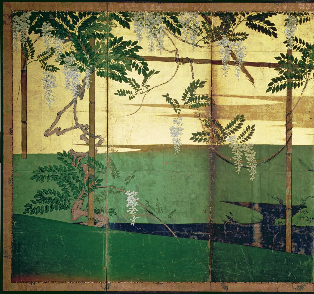 Wisteria em flor (caneta e tinta, cor, papel dourado no painel) (ver 216564) de Hasegawa Soen
