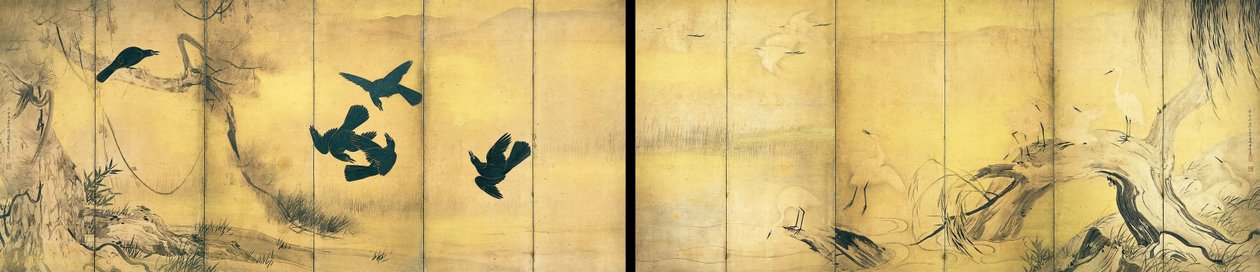Corvos e Garças (Importante Propriedade Cultural) de Hasegawa Tohaku