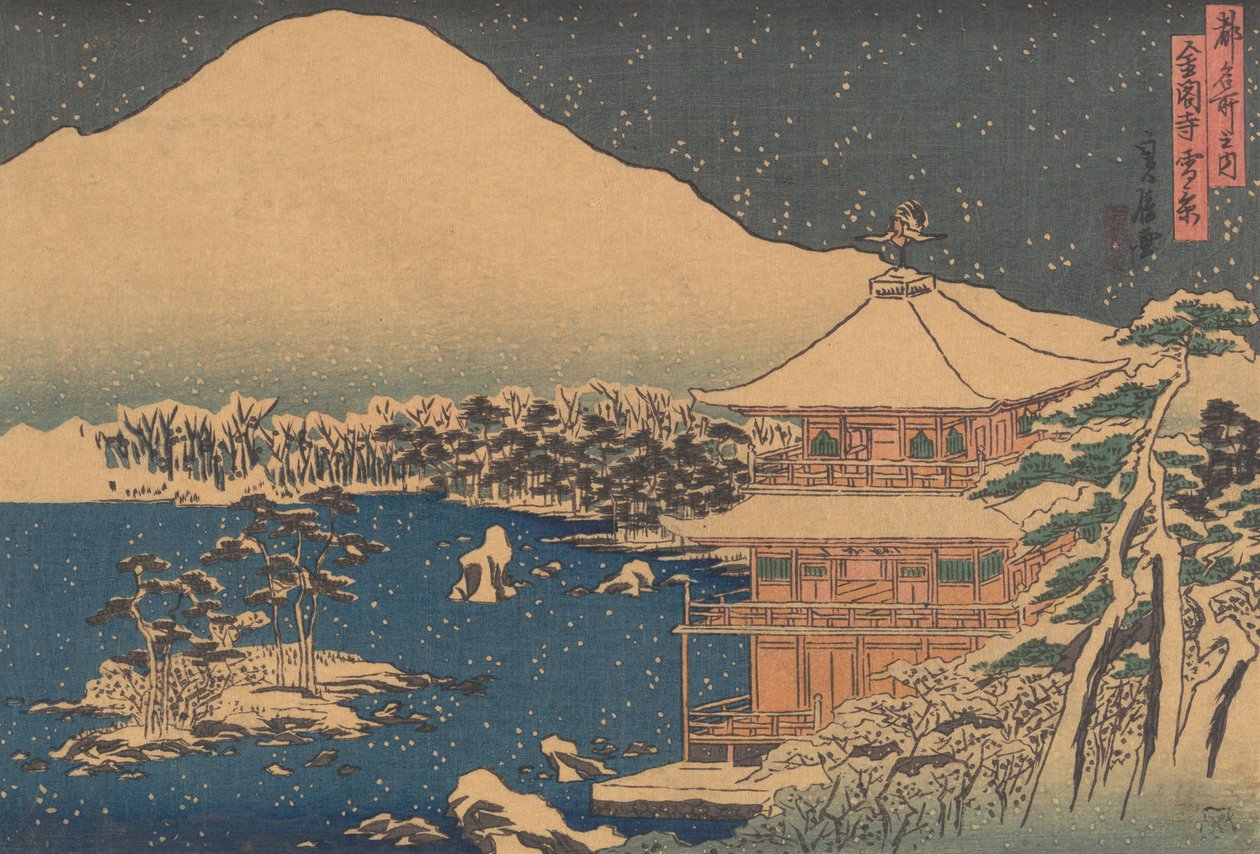 Kinkakuji visto em Falling Snow, meados do século 19. de Hasegawa Sadanobu
