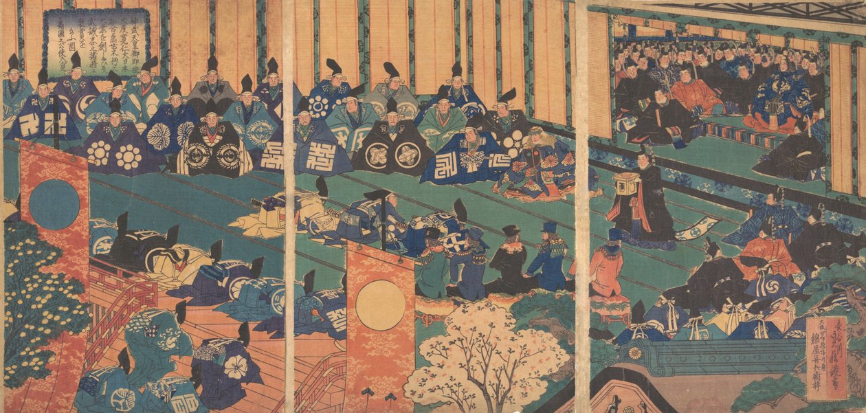 Encontro com dignitários estrangeiros, 1867 Meiji 1. de Hasegawa Sadanobu