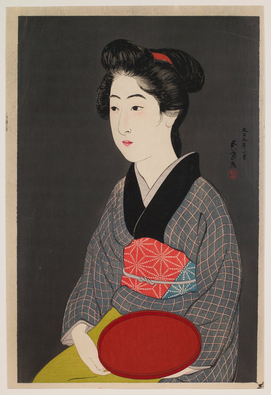 Garçonete segurando uma bandeja (Retrato de Onao, uma empregada doméstica no Matsuyoshi Inn, Kyoto) de Hashiguchi Goyô