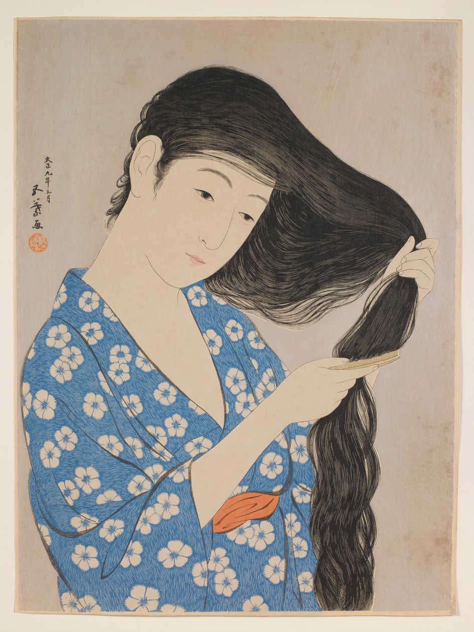 Mulher penteando o cabelo de Hashiguchi Goyô