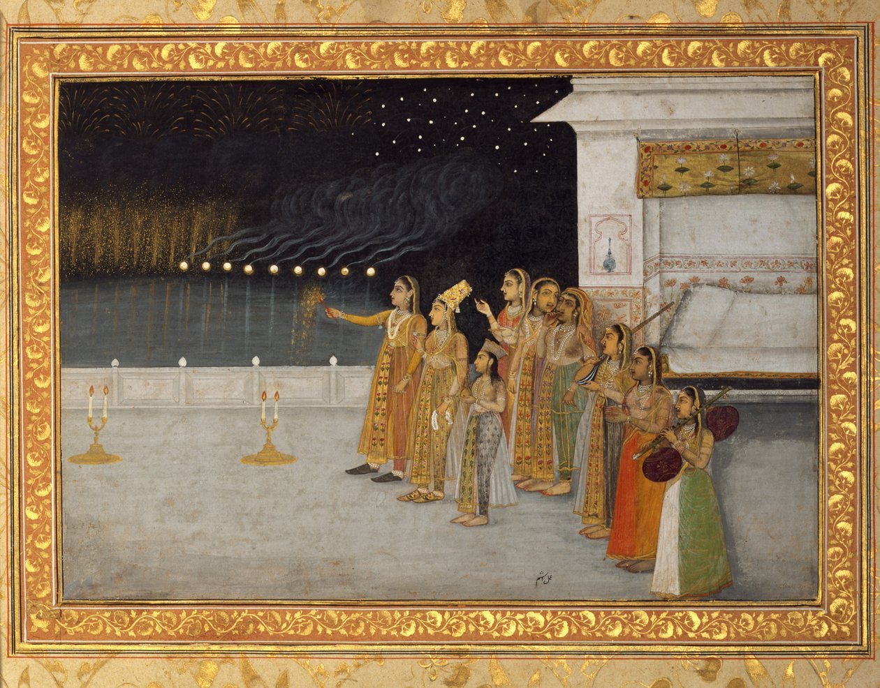 Senhoras do Harém Imperial celebrando a noite de Shab-i Bara, 1725-50 (wc opaco e ouro no papel) de Hashim