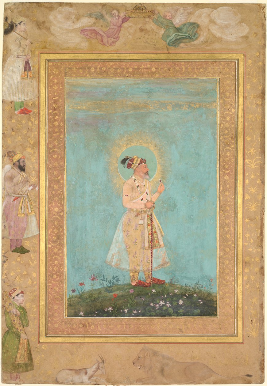 Shah Jahan segurando um espinélio e uma longa espada Deccan, do Late Shah Jahan Album, c. 1650. de Hashim