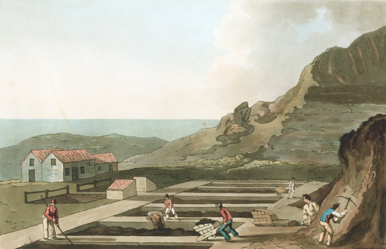 Vista geral de um trabalho de alume na área de Whitby, Yorkshire, 1814 de Havell and Son