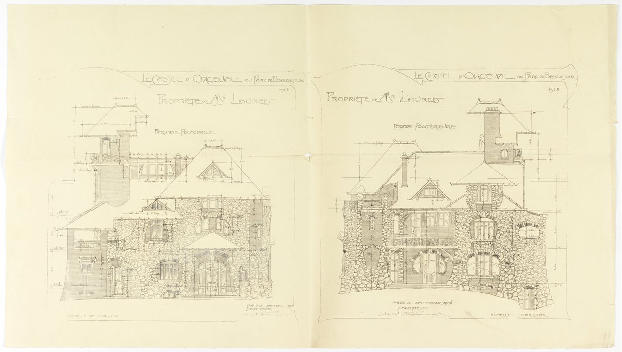 Elevações, Principal e Fachadas Traseiras, Castel d&39;Orgeval, Parc Beausejour, perto de Paris de Hector Guimard