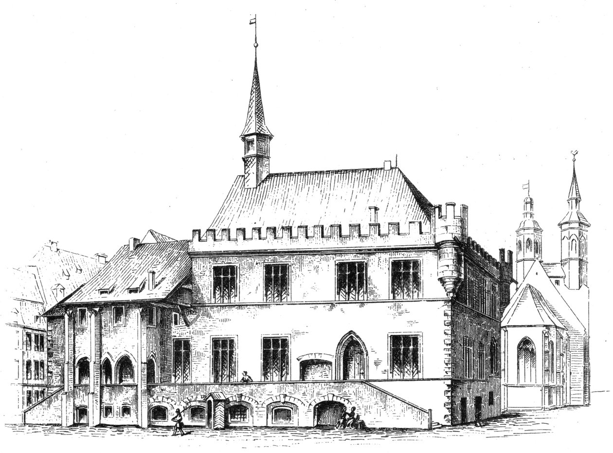 Antiga Câmara Municipal em Göttingen, sul da Baixa Saxônia, desenhando por HWH Mithoff 1869. Legenda original de Hector Wilhelm Heinrich Mithoff