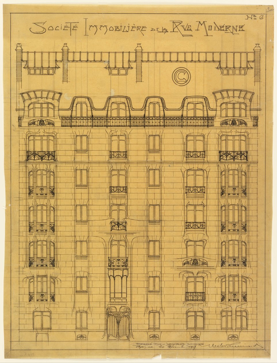 Projeto para a fachada da Societé Immobilière de la Rue Modern, nº 6 de Hector Guimard