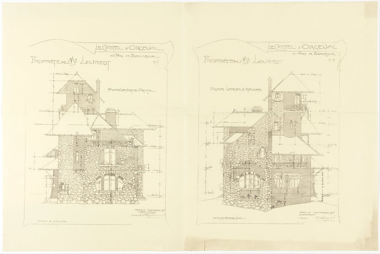 Elevações, fachadas laterais direita e esquerda, Castel d&39;Orgeval, Parc Beausejour, perto de Paris de Hector Guimard