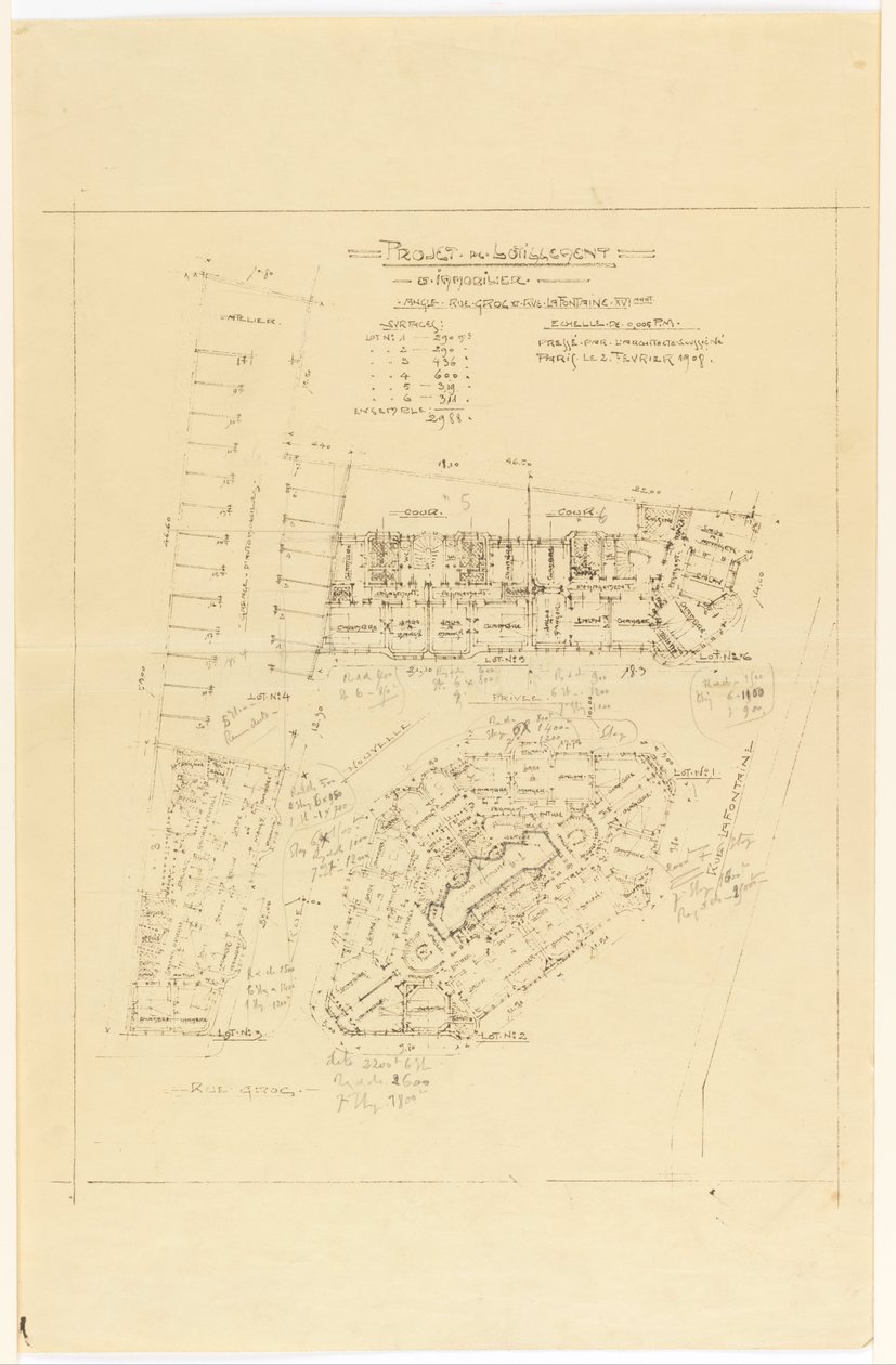 Plano, Projeto de Lotillement, rue Gros e rue de la Fontaine, Paris de Hector Guimard