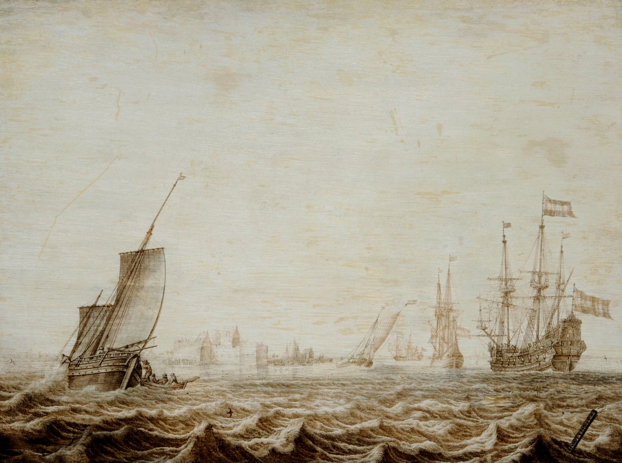 Um Wijdschip a baixar a vela num mar agitado, meados do século XVII (óleo sobre painel) de Heerman Witmont