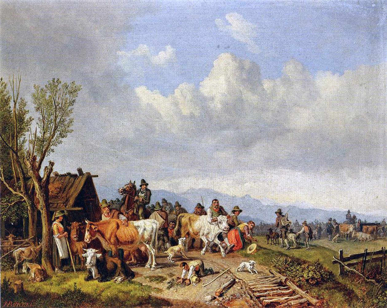 O mercado de gado, c.1866 de Heinrich Burkel