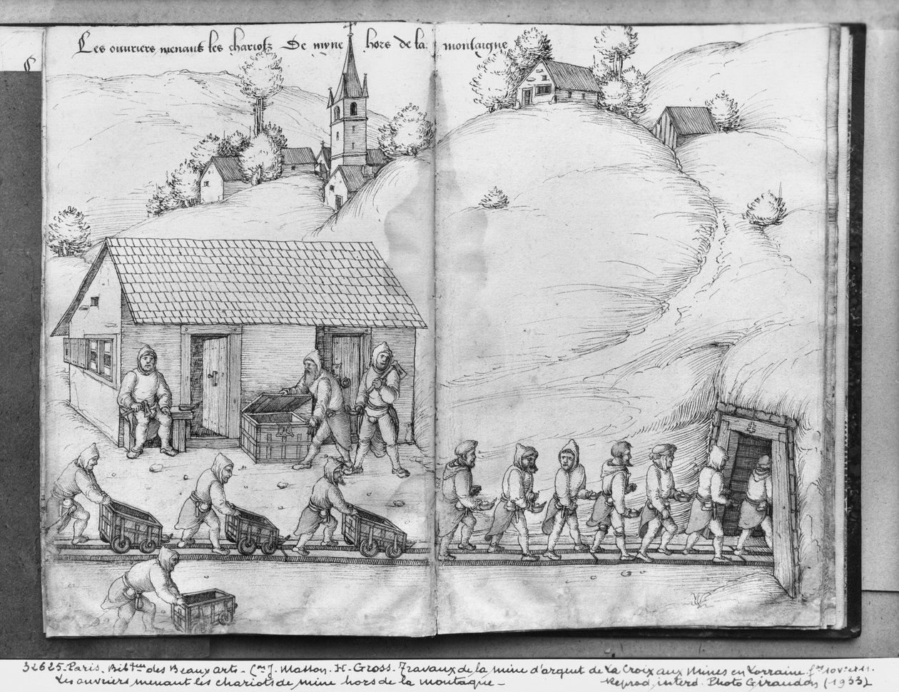 Mina de prata de La Croix-aux-Mines, Lorena, fol.10v e fol.11r, mineiros empurrando caminhões, c.1530 (caneta e tinta sobre papel) de Heinrich Gross or Groff