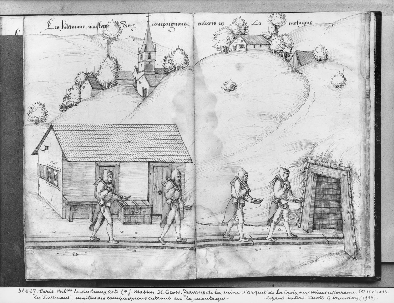 Mina de prata de La Croix-aux-Mines, Lorena, fol.12v e fol.13r, os "huttmans", mestres dos companheiros, entrando na mina, c.1530 (caneta e tinta sobre papel) de Heinrich Gross or Groff