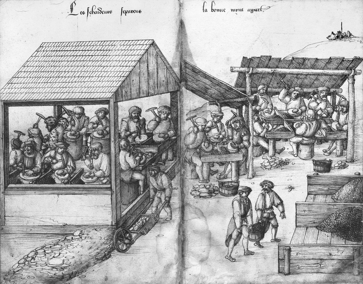Mina de prata de La Croix-aux-Mines, Lorena, fol.15v e fol.16r, mineiros separando o minério, c.1530 (caneta e tinta sobre papel) de Heinrich Gross or Groff
