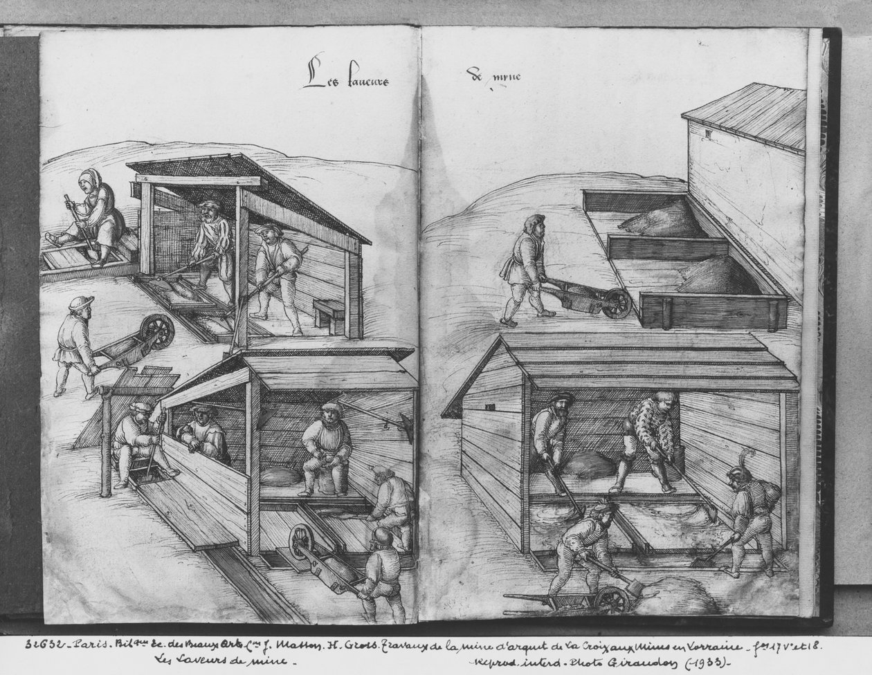 Mina de prata de La Croix-aux-Mines, Lorena, fol.17v e fol.18r, lavando o minério, c.1530 (caneta e tinta sobre papel) de Heinrich Gross or Groff