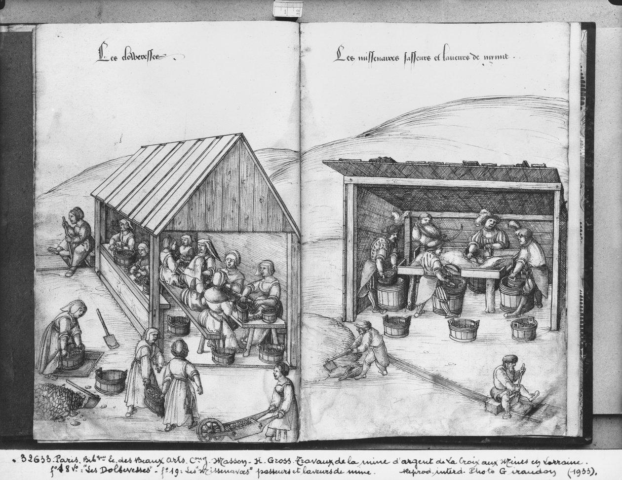 Mina de prata de La Croix-aux-Mines, Lorena, fol.18v e fol.19, separando e lavando o minério, c.1530 (caneta e tinta sobre papel) de Heinrich Gross or Groff