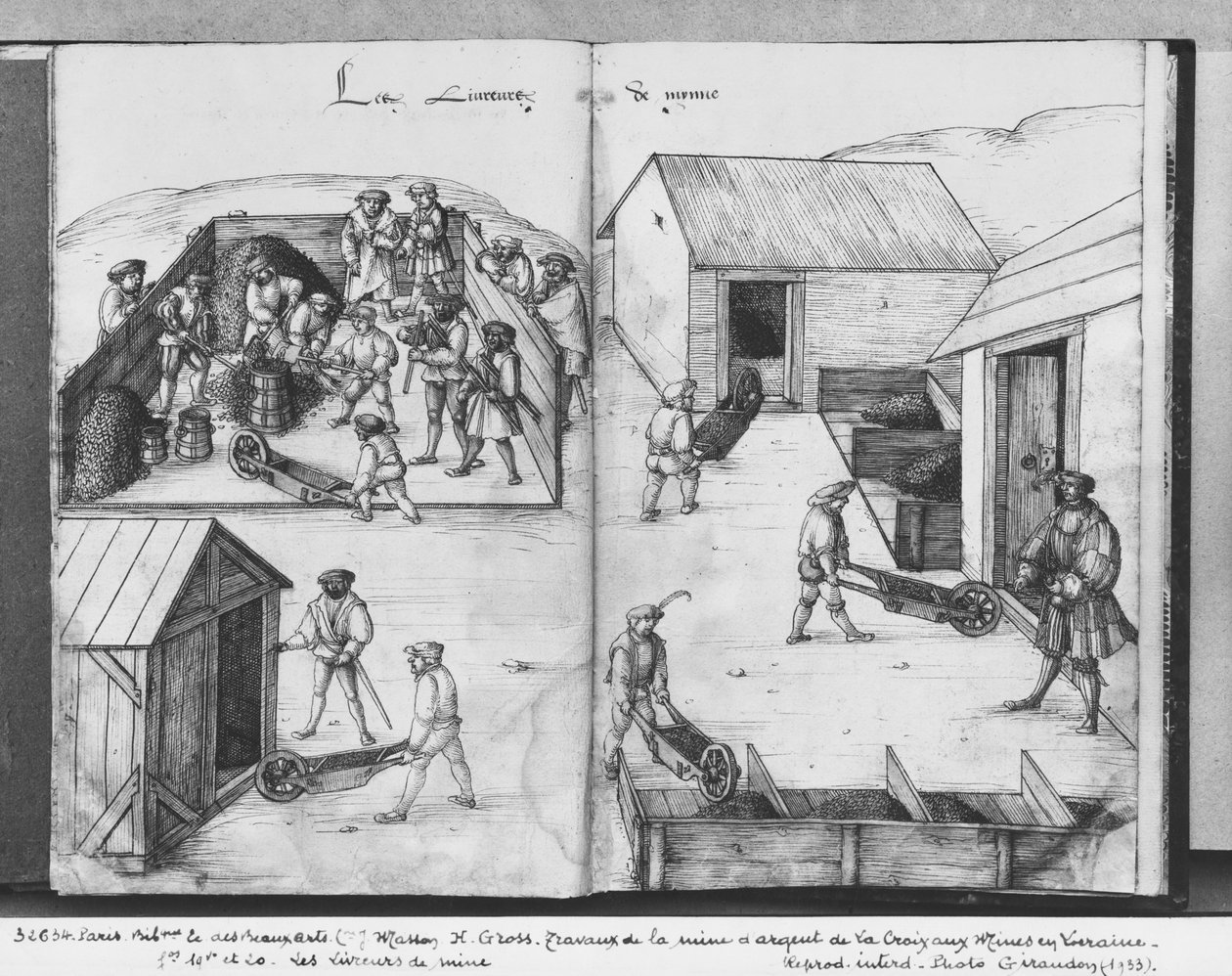 Mina de prata de La Croix-aux-Mines, Lorena, fol.19v e fol.20r, entregando o minério, c.1530 (caneta e tinta sobre papel) de Heinrich Gross or Groff