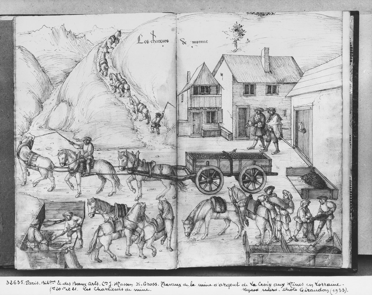 Mina de prata de La Croix-aux-Mines, Lorena, fol.20v e fol.21r, transportando o minério, c.1530 (caneta e tinta sobre papel) de Heinrich Gross or Groff