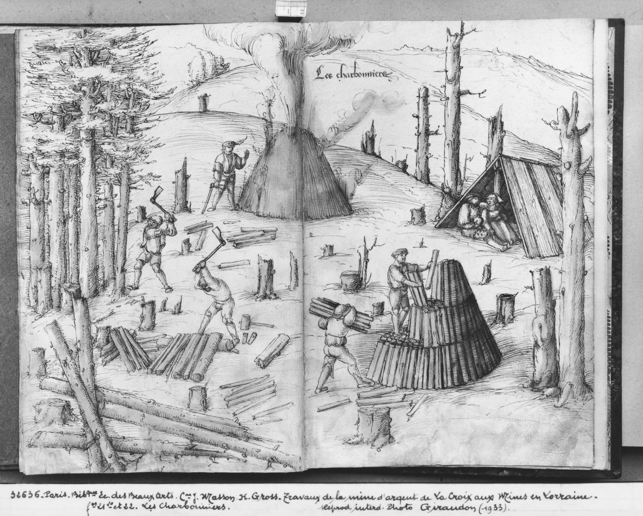 Mina de prata de La Croix-aux-Mines, Lorena, fol.21v e 22r, operários de carvão, c.1530 (caneta e tinta sobre papel) de Heinrich Gross or Groff