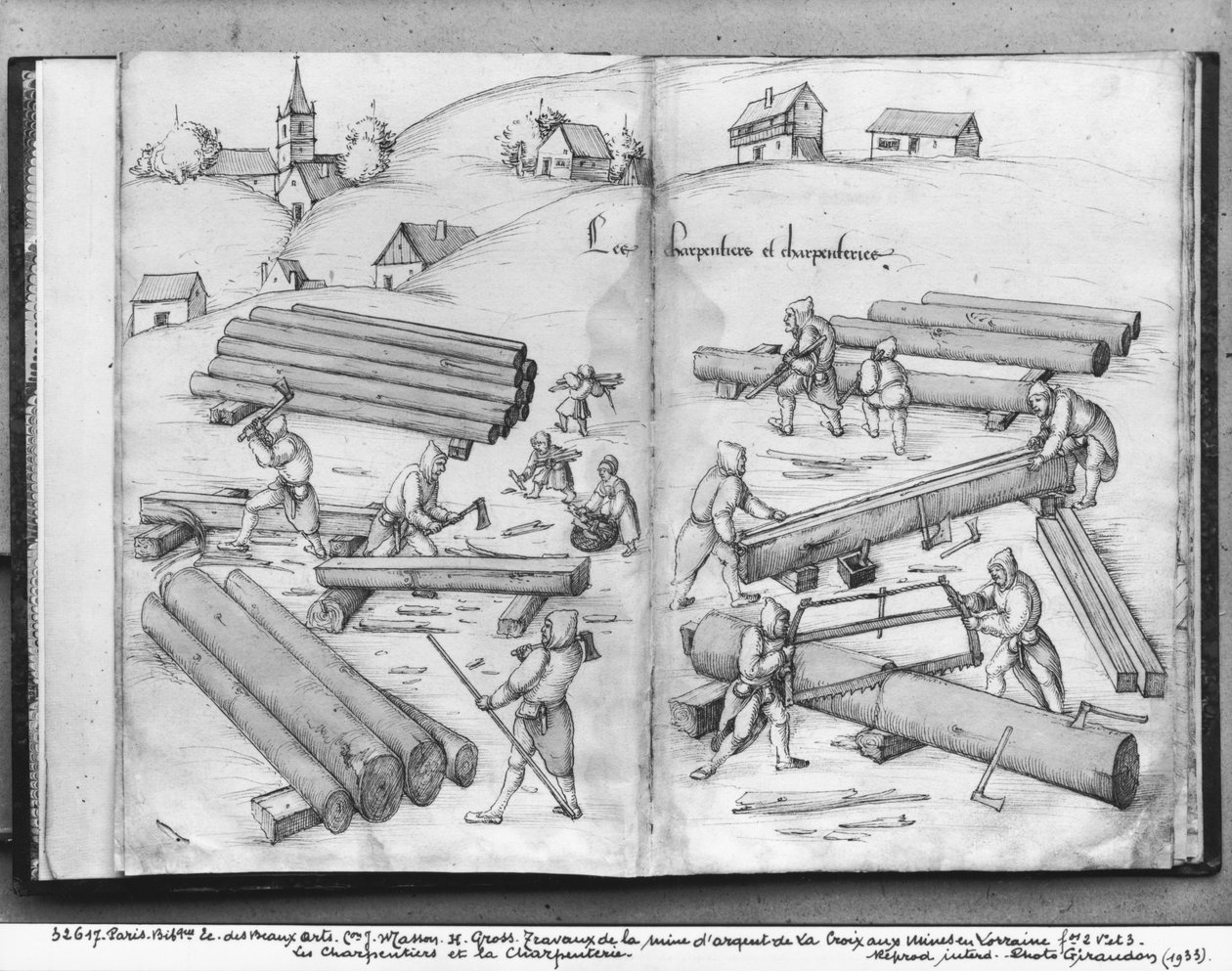 Mina de prata de La Croix-aux-Mines, Lorena, fol.2v e fol.3r, carpinteiros e carpintaria, c.1530 (caneta e tinta sobre papel) de Heinrich Gross or Groff