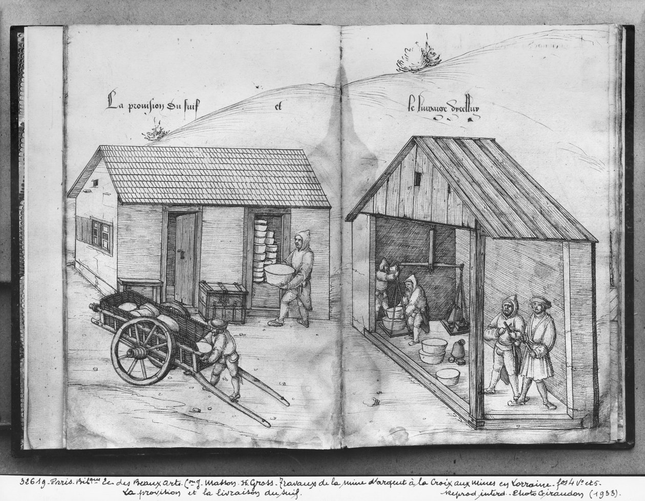 Mina de prata de La Croix-aux-Mines, Lorena, fol.4v e fol.5r, fornecendo e entregando sebo, c.1530 (caneta e tinta sobre papel) de Heinrich Gross or Groff