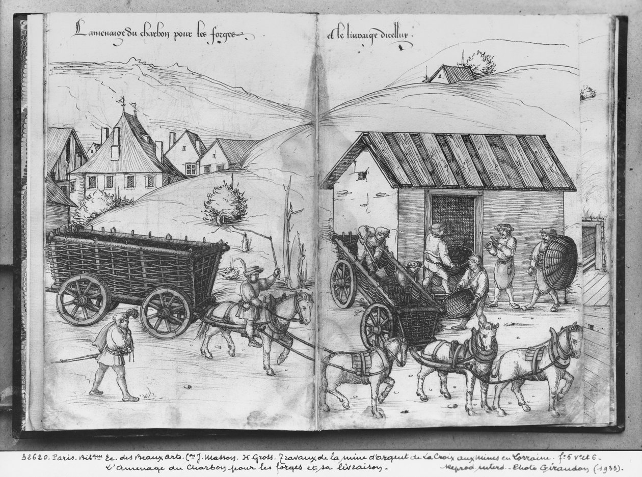 Mina de prata de La Croix-aux-Mines, Lorena, fol.5v e fol.6r, transportando e distribuindo carvão para as forjas, c.1530 (caneta e tinta e papel) de Heinrich Gross or Groff