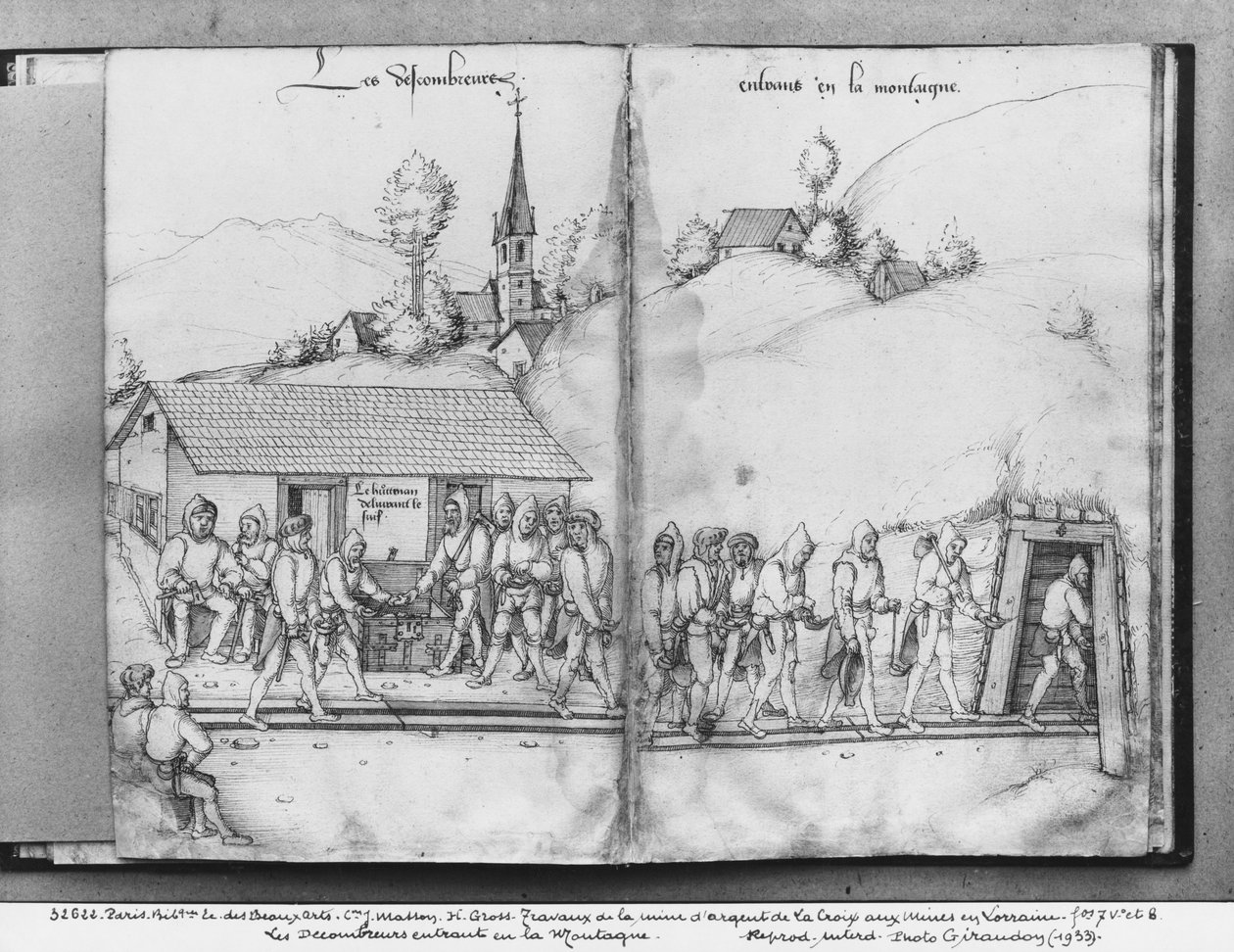 Mina de prata de La Croix-aux-Mines, Lorena, fol.7v e fol.8r, colecionadores que entram na mina, c.1530 (caneta e tinta sobre papel) de Heinrich Gross or Groff