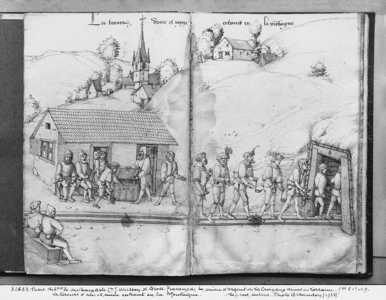 Mina de prata de La Croix-aux-Mines, Lorena, fol.8v e fol.9r, mineiros que entram na mina, c.1530 (caneta e tinta e papel) de Heinrich Gross or Groff