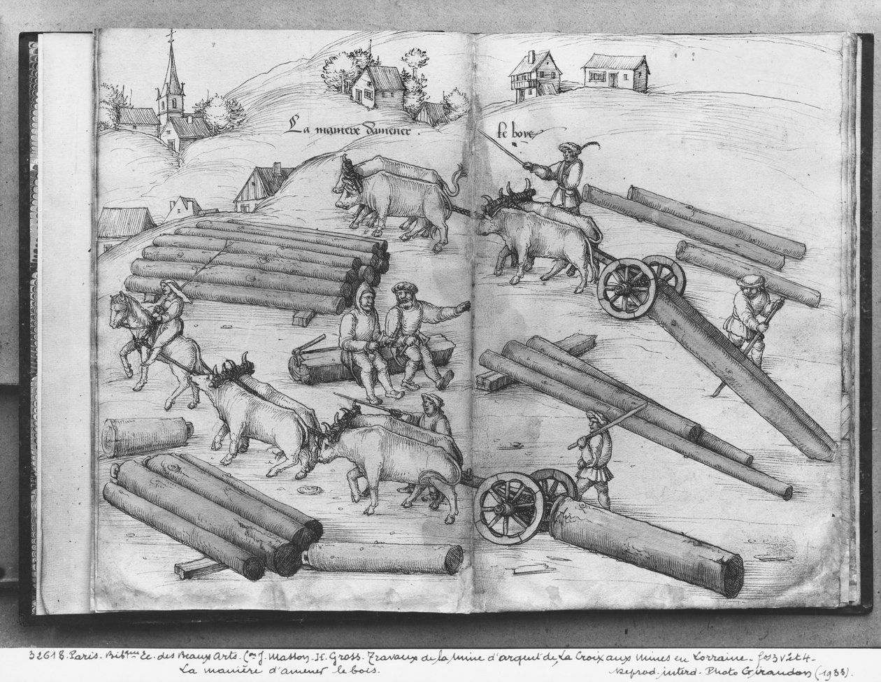 Siver mina de La Croix-aux-Mines, Lorena, fol.3v e 4r, transportando madeira, c.1530 (caneta e tinta sobre papel) de Heinrich Gross or Groff
