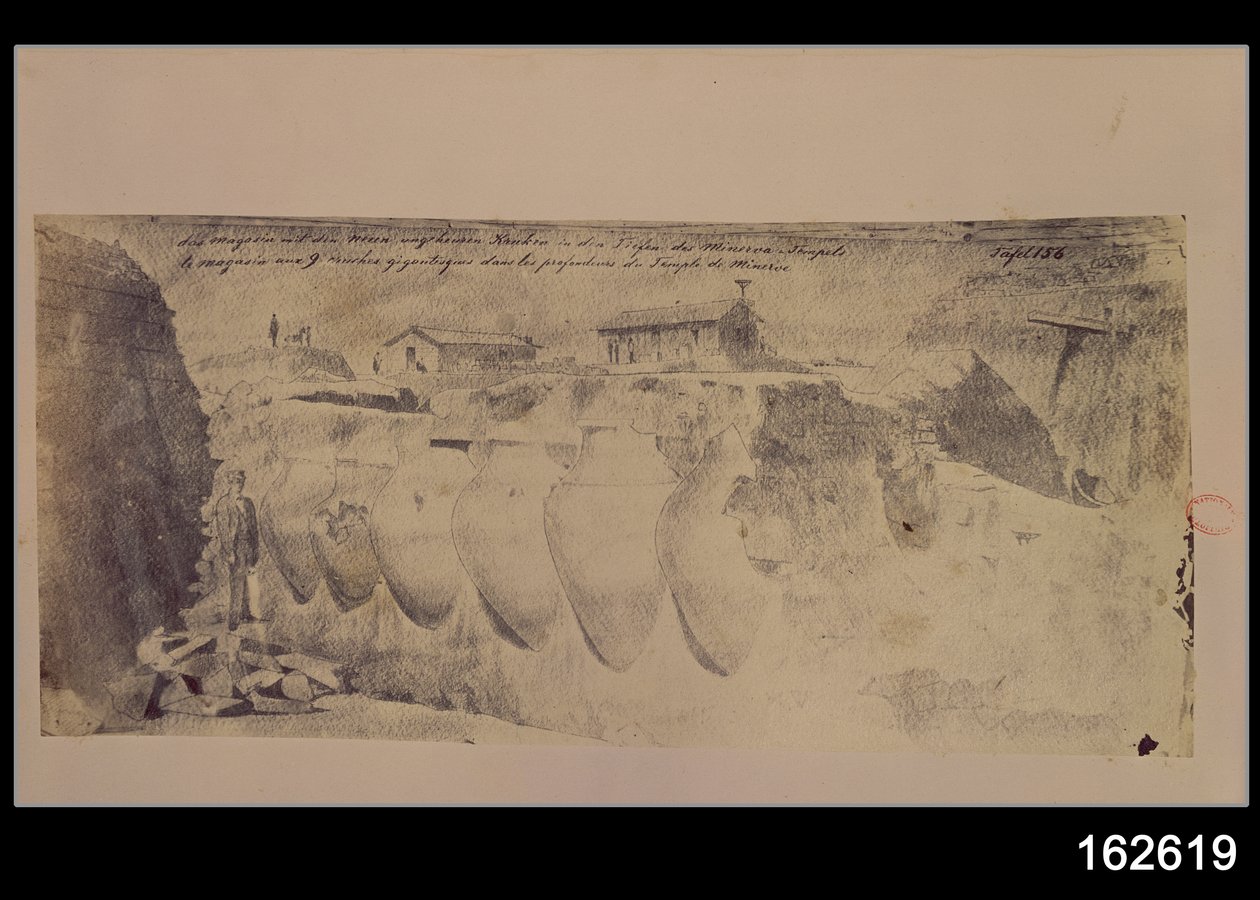 Esboço de uma loja com nove ânforas gigantes nos níveis mais baixos do Templo de Minerva, das escavações de Troy (caneta e tinta) de Heinrich Schliemann