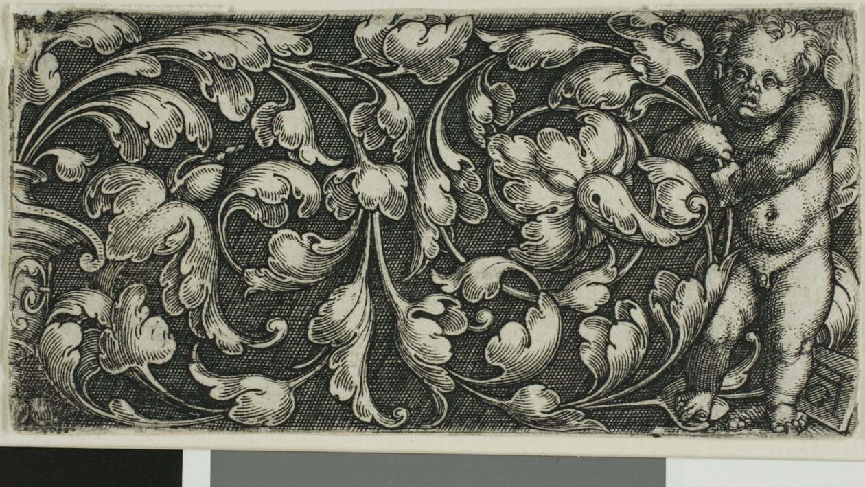 Um rolo duplo de ornamento de folhas com um putto de pé à direita de Heinrich Aldegrever