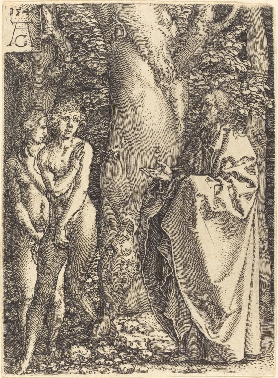 Adão e Eva se escondem, 1540. de Heinrich Aldegrever