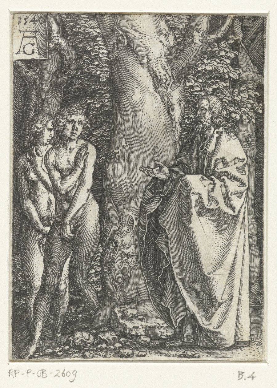Adão e Eva estão envergonhados História de Adão e Eva (título da série) de Heinrich Aldegrever