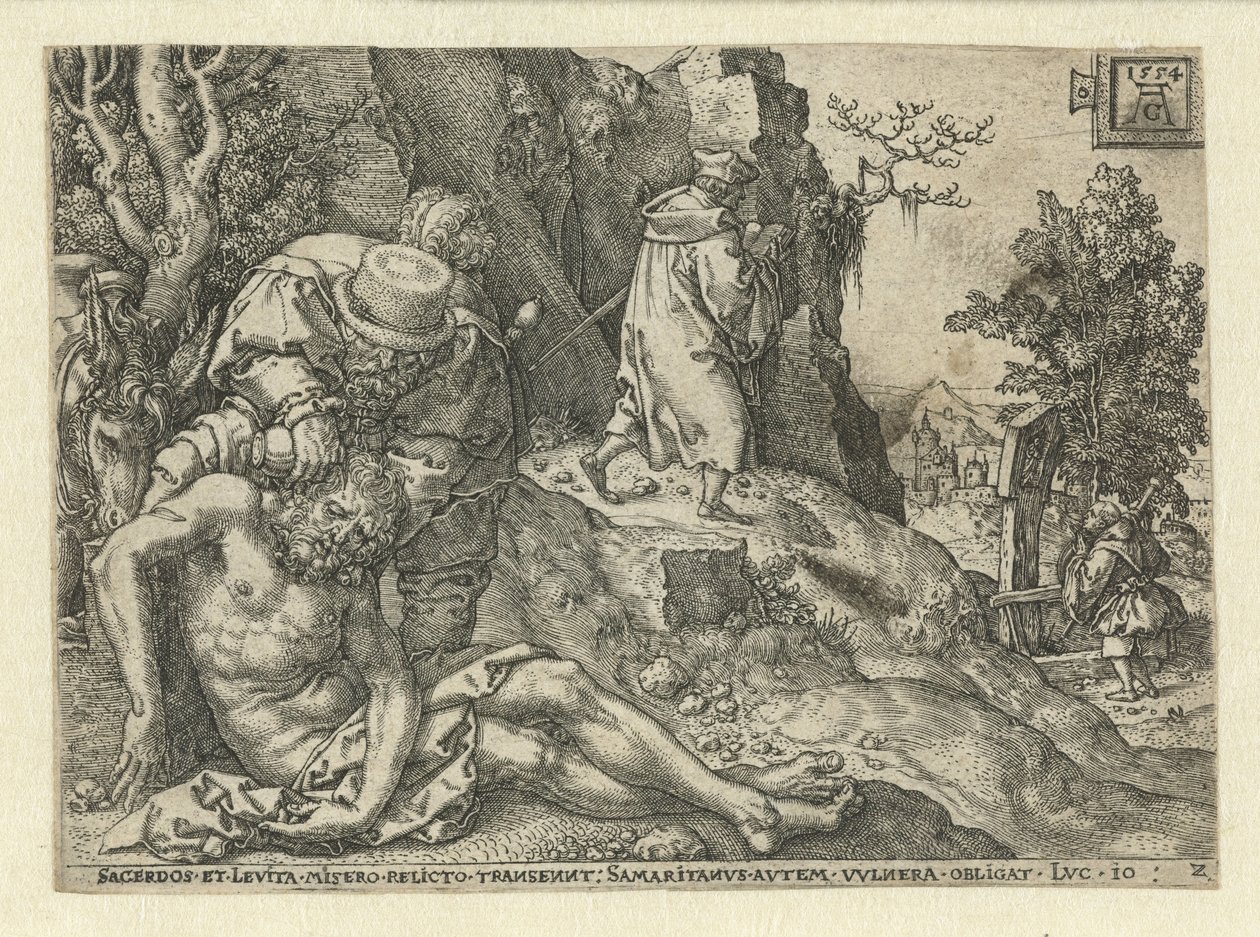 Bom Samaritano cuida das feridas Parábola do Bom Samaritano (título da série) de Heinrich Aldegrever