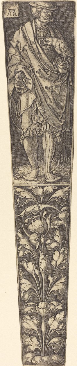 Bainha da adaga com cavalheiro segurando um papagaio. de Heinrich Aldegrever