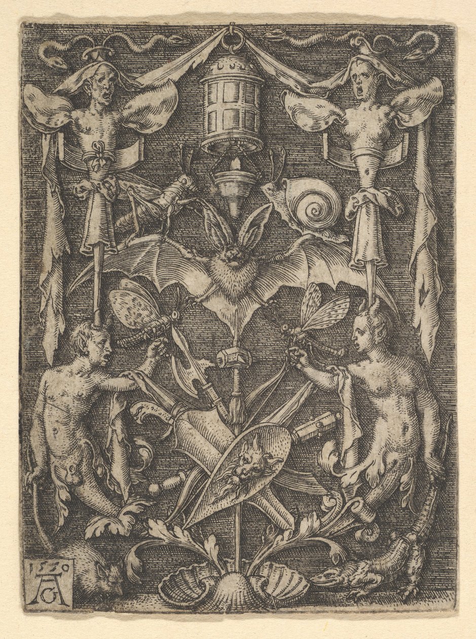 Projeto para um candelabro grotesco com um bastão no centro, 1550. de Heinrich Aldegrever