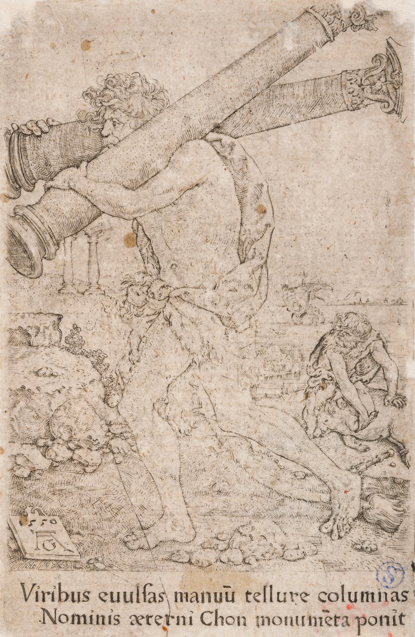Hércules carregando as colunas de Gades, da série:  Os Trabalhos de Hércules (12) de Heinrich Aldegrever