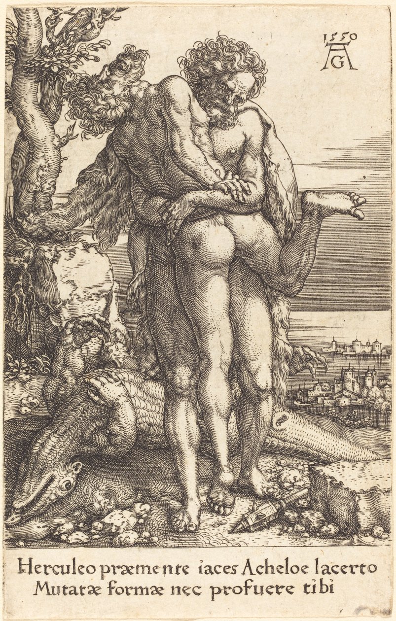 Hércules lutando contra o deus do rio Achelous de Heinrich Aldegrever