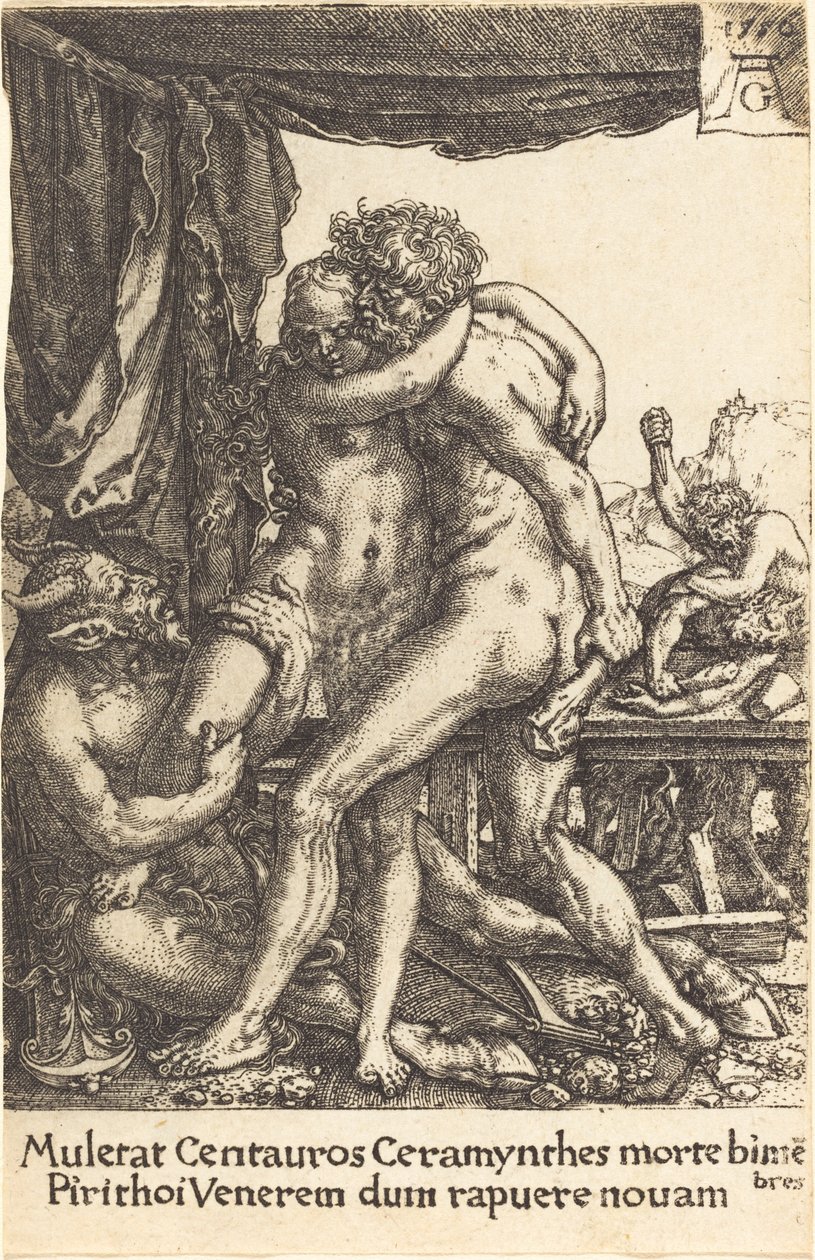 Hércules prevenindo os centauros do estupro de Hippodamia, 1550. de Heinrich Aldegrever