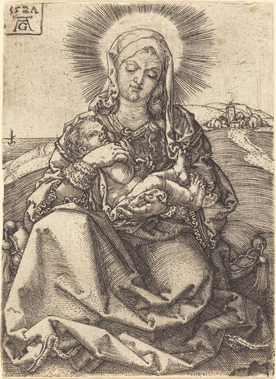 Madonna em uma paisagem sentada em uma almofada, 1527. de Heinrich Aldegrever